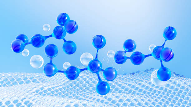 Modern Molecular Architecture with Glassy Bubble Texture and Floating Glass Spheres. 3D Rendering