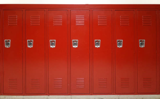 istock close up on red lockers in gym 2185824286