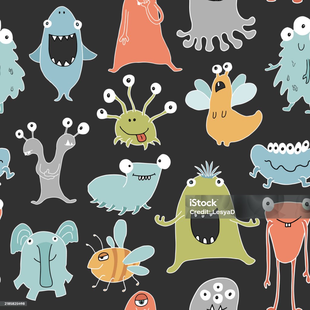 Monster Background Vector Cute Monsters Seamless Pattern Cartoon Monsters Background Vector ...