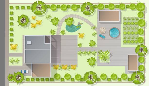 istock Top view landscape design plan with house, courtyard, lawn, garage. Highly detailed plan of country with modern cottage of villa with pond, pool. Vector illustration of Cityscape, Map of town, village 2185826682
