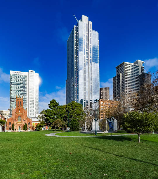 Old Church and Skyscrapers in San Francisco, California