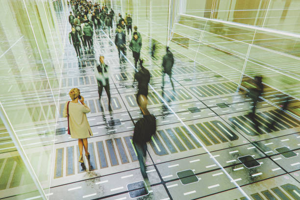 Crowds of people walking in VR streets. 3D generated image.
