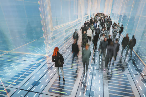 istock Crowds of people walking in VR streets 2185829658