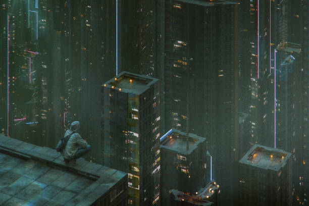 Young man squatting on skyscraper's rooftop at night. 3D generated image.