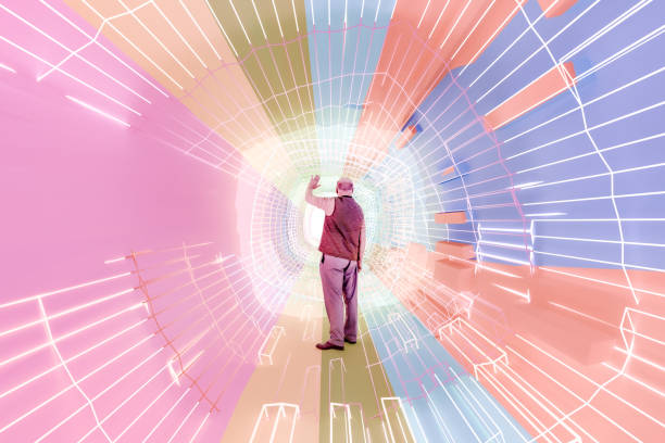 istock Senior man standing in abstract VR corridor 2185829687