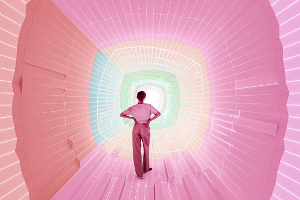 Young woman standing in abstract VR corridor