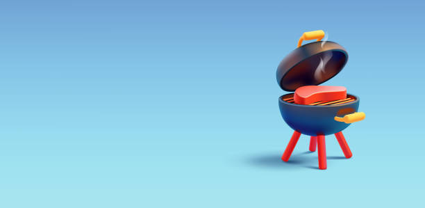 istock Round realistic barbecue grill 3D, meat, blue banner. BBQ. Modern banner for the concepts of recreation in nature, cooking delicious meat. Vector illustration. 2185839651