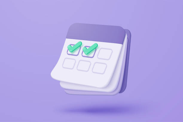 istock 3d calendar marked date and time for reminder day in purple background. Calendar with todo list for schedule appointment, event day, holiday planning concept. 3d alarm icon vector render illustration 2185846334