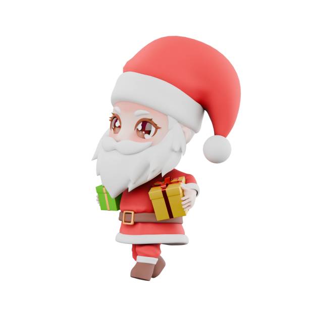 istock Festive Chibi Santa Boy Holiday Design. A Chibi Santa Boy walking with a gift box in both hands. Christmas Cartoon 3D Model 2185857461