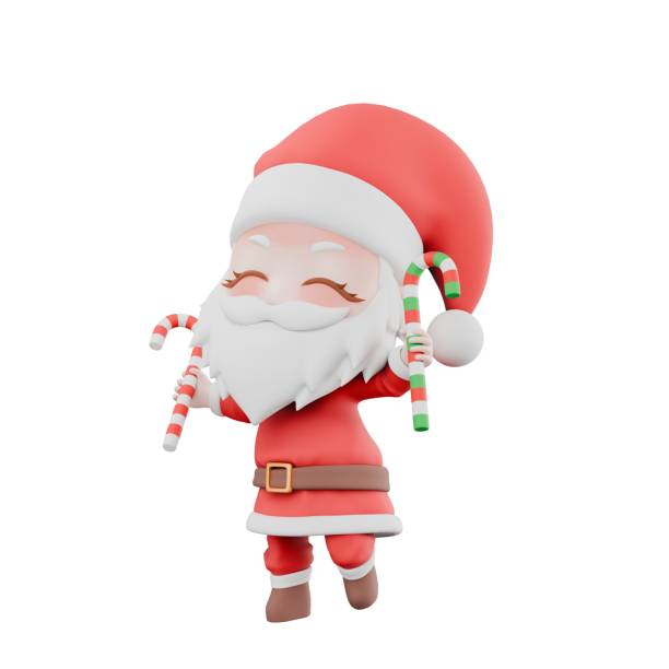 istock Christmas Cartoon Chibi Santa Boy 3D. A chibi santa boy walks with both hands holding a stick. Holiday Festive Model. 2185857490