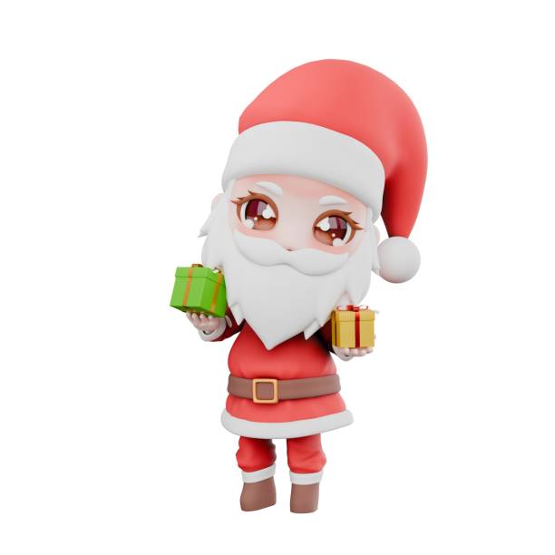 istock Chibi Christmas Cartoon Santa Boy Design. A chibi santa boy stands with both hands holding a gift with a smiling expression. Holiday Festive 3D Model 2185857697