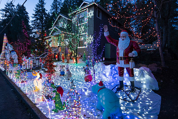 Auckland, New Zealand: December 23rd, 2023. Christmas Decorations over houses in Auckland, New Zealand