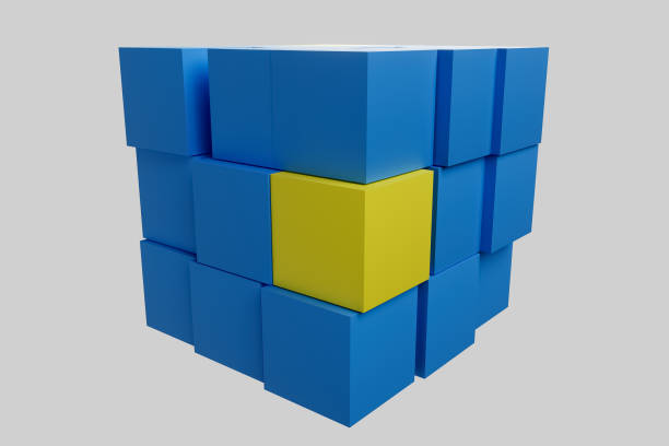 A blue and yellow cube is shown in a 3D image. The blue and yellow cube is a part of a larger cube, and the yellow cube is cut off from the rest of the cube