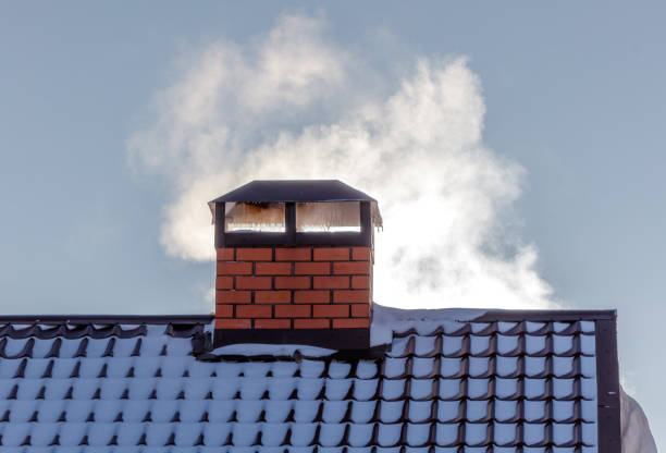 Red Brick Chimney, Grey Steel Tile Roof Texture, Gray Tiled Roofing, Large Detailed Isolated Vertical Closeup, Modern Residential House Rooftop Tiles Detail Textured Pattern, Copy Space