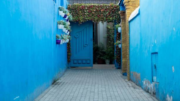 istock Vibrant blue alleyway with decorative gate. 2185863730