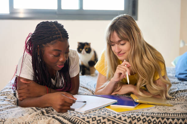 istock Two young women studying together on a bed with a cat 2185868637