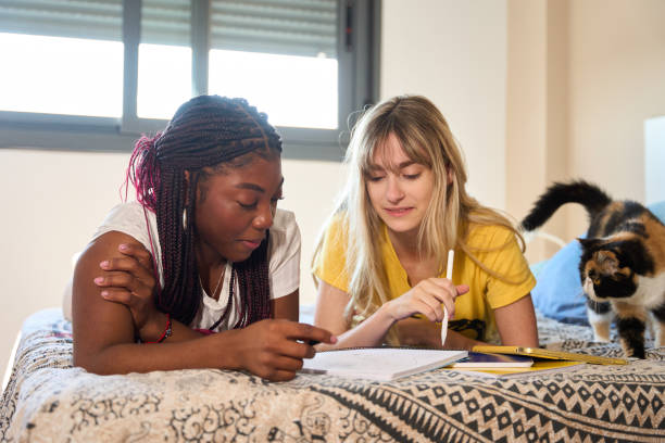 istock Two young women studying together on a bed with a cat 2185868644