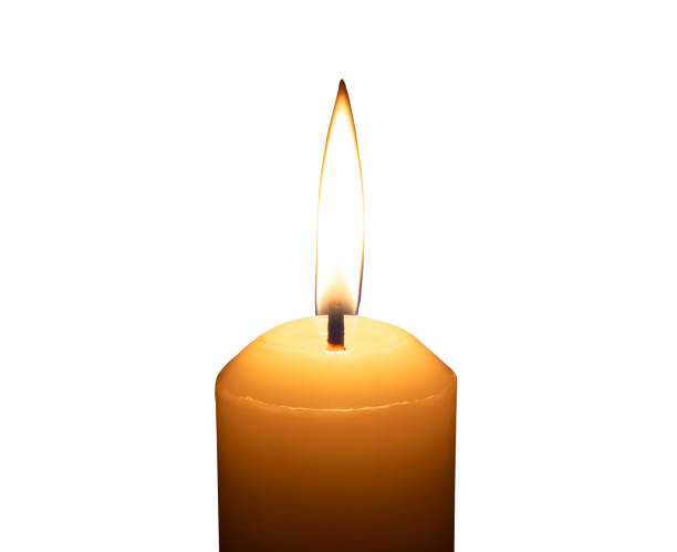 istock A single burning candle flame or light glowing on a big white candle isolated on white background with clipping path 2185869140