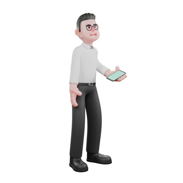 istock Creative 3D Model. A male producer stands while holding a cellphone in his hand with his eyes looking up. Producer Character 2185870089