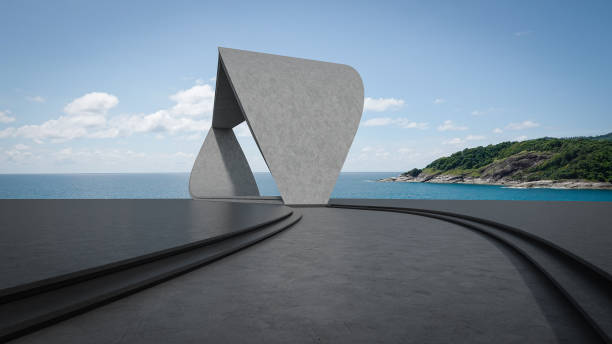 istock Abstract architecture design of modern building. Empty parking area concrete floor with beach and blue sky sea view. 2185871768