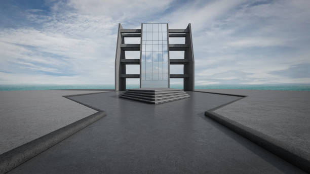 istock Abstract architecture design of modern building. Empty parking area concrete floor with beach and blue sky sea view. 2185871769