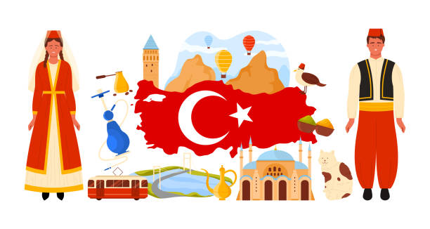 Travel to Turkey, culture elements and famous architecture for tourist tour in collage Travel to Turkey, culture elements and famous architecture for tourist tour in infographic collage. Turkish people, Cappadocia landscape with rocks and balloons, tram cartoon vector illustration map of turkey nevsehir stock illustrations