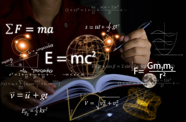 learning teaching Physics equations floating in the background, hands writing in notebooks on work tables, representing the learning teaching or scientific notes of Albert Einstein and Sir Isaac Newton or physics all physics stock pictures, royalty-free photos & images