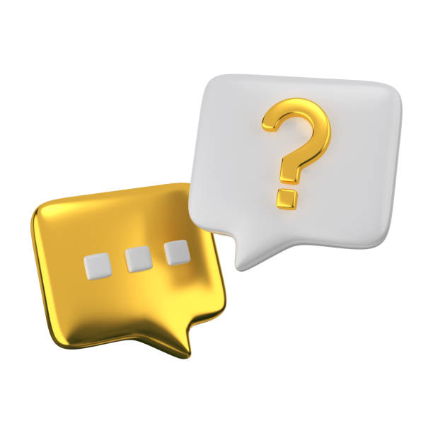 Golden and white speech bubbles question mark icon sign or ask FAQ and QA answer solution information. Have a question, question answer sign or problem. Concept of communication type talk. 3d rendering