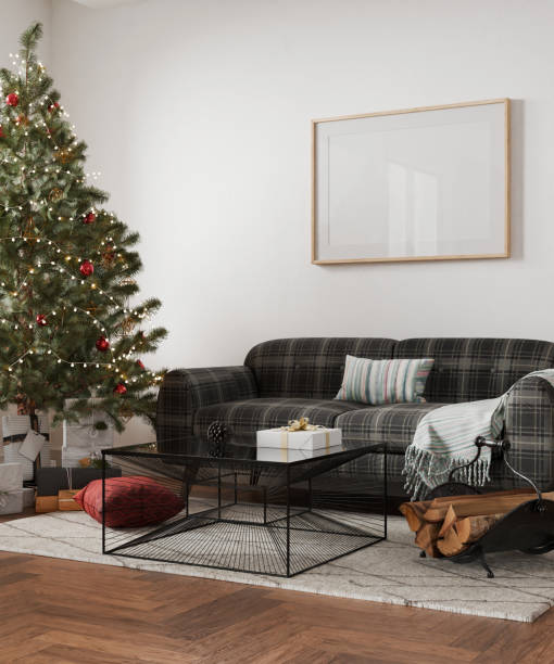 istock Christmas interior frame, living room poster empty in home design new year, one picture element mockup annual holidays, 3d render. 2185888033