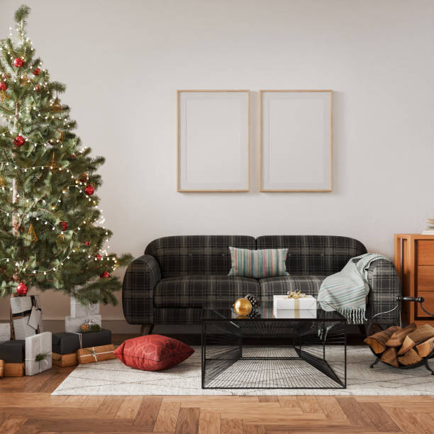 istock Christmas interior frame, living room poster empty in home design new year, element mockup annual holidays, 3d render. 2185888043