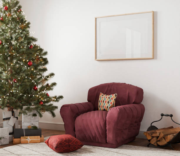 istock Christmas interior frame, living room poster empty in home design new year, one picture element mockup annual holidays, 3d render. 2185888044