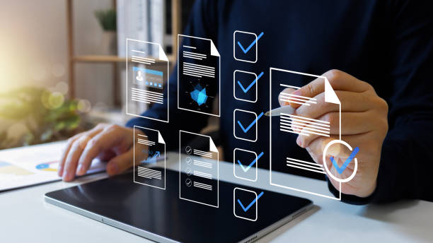istock Document management, paperless workplace, online checklist and filling survey form online to standardization quality management and improvement, Compliance to regulations and standards. 2185888074