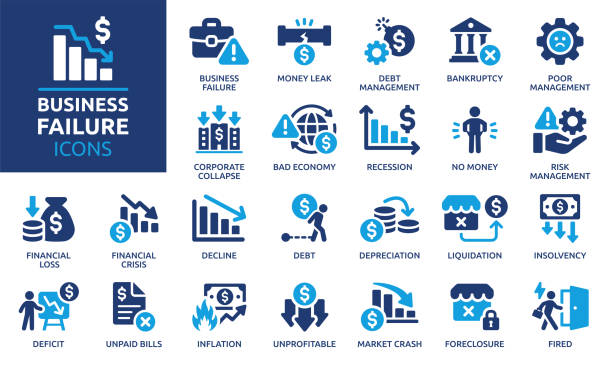 illustrations, cliparts, dessins animés et icônes de jeu d’icônes d’échec d’entreprise - endettement