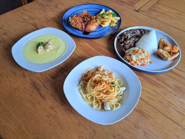 istock Spaghetti Alfredo With Chicken, Corn Soup With Crouton, Beef Bulgogi With Steamed Rice, Nashville Hot Chicken With French Fries. Food Menu. 2185890638