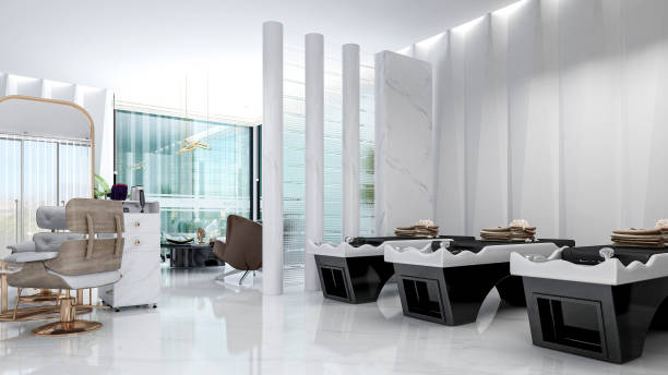 istock Modern Salon Shampoo Beds in Luxury Hair Salon Interior, 3D Rendering 2185897040