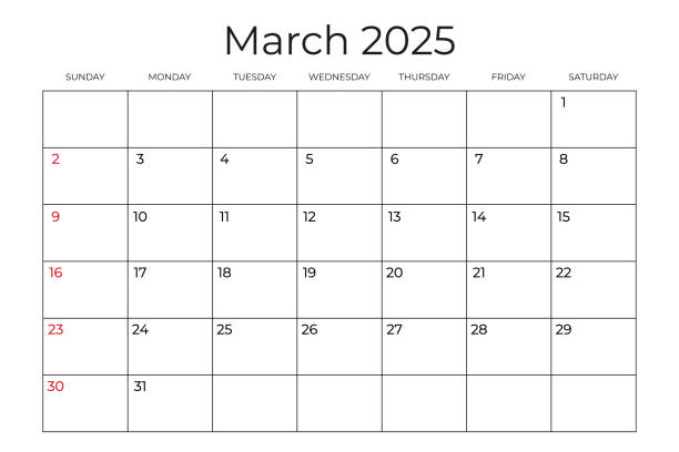 шаблон ежемесячного календаря на март 2025 года для печати. неделя начинается в воскресенье. настенный календарь в минималистичном стиле. пр� - март stock illustrations