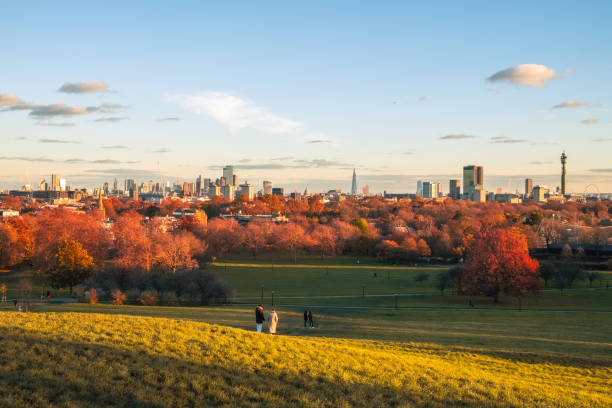 The view of the London skyline from Primrose Hill offers a stunning panorama of the city's iconic landmarks. Located in North London, Primrose Hill provides an elevated perspective of the city, including landmarks such as the Shard, the London Eye, and the BT Tower. It's a popular spot for both locals and visitors, offering a peaceful yet commanding view of the bustling urban landscape, especially beautiful at sunset or during the golden hour. This viewpoint has been a source of inspiration for many, with its expansive view contrasting the natural tranquility of the park and the dynamic energy of the city below.