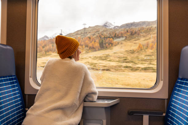 Woman Admiring Scenic Landscape from Train Window