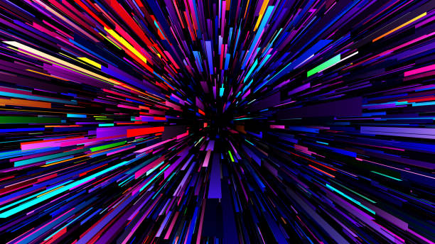 ledakan dinamis dari bentuk persegi panjang yang cerah dengan warna neon menciptakan ilusi kedalaman dan gerakan. semburan persegi panjang futuristik memancar keluar dari pusat gelap. ilustrasi vektor - kontras tinggi ilustrasi stok