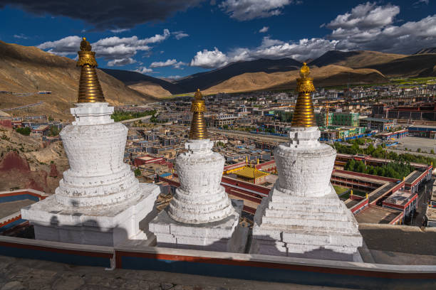 Stupa Sakya Monastery in Shigatse Tibet China, sunset sky