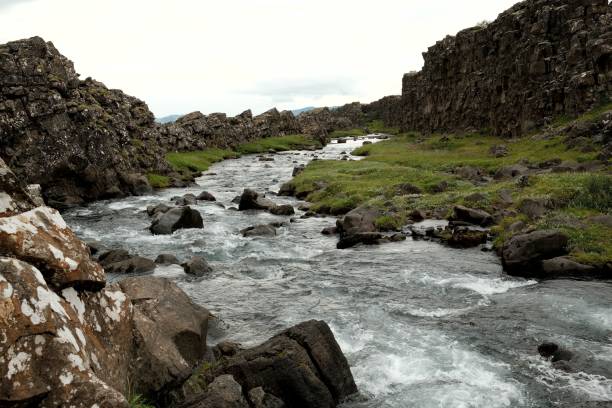 Scenic view of a rocky river flowing through a lush green valley in Thingvellir National Park, Iceland, under a cloudy sky.