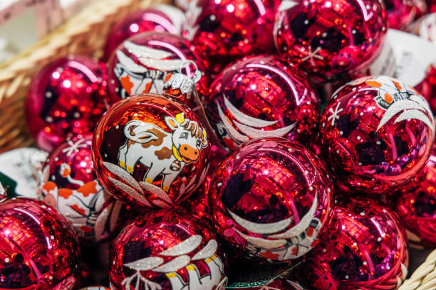 istock Christmas tree decorations on a store counter close-up 2185907000
