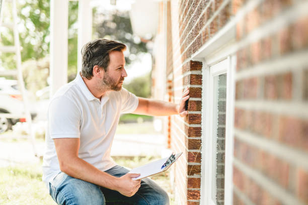 istock Man inspecting house window outside on day light 2185914843