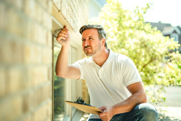 istock Man inspecting house window outside on day light 2185916152