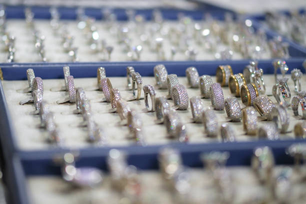 Various precious rings on display in a jewelry store