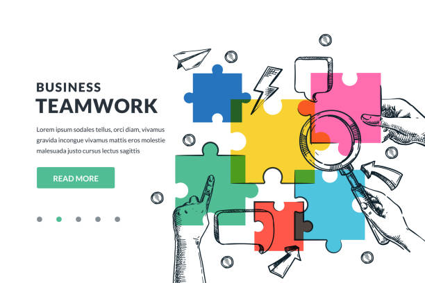 stockillustraties, clipart, cartoons en iconen met idea problem solution, teamwork concept. hands with puzzle and magnifying glass. vector hand drawn sketch illustration - team