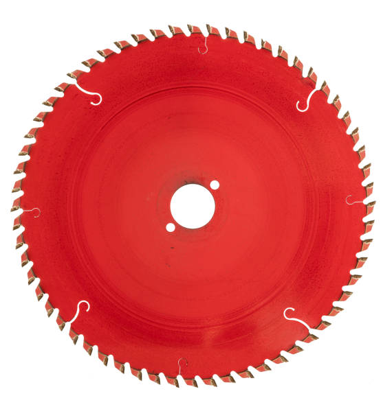 istock Red circular saw blade isolated on white background 2185925102