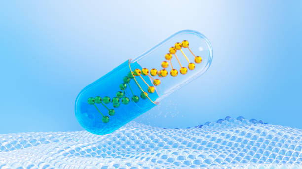 istock DNA Strand with Glass Capsules Containing Green DNA Helix Sections. 3D Rendering 2185925379