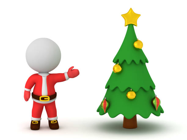 A 3D Santa character with a Christmas tree. Image isolated on white background.