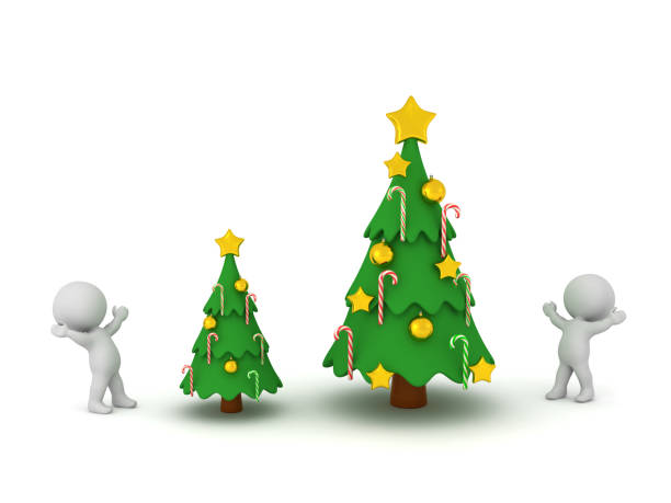 istock Happy 3D Characters with Two Christmas Trees 2185937256